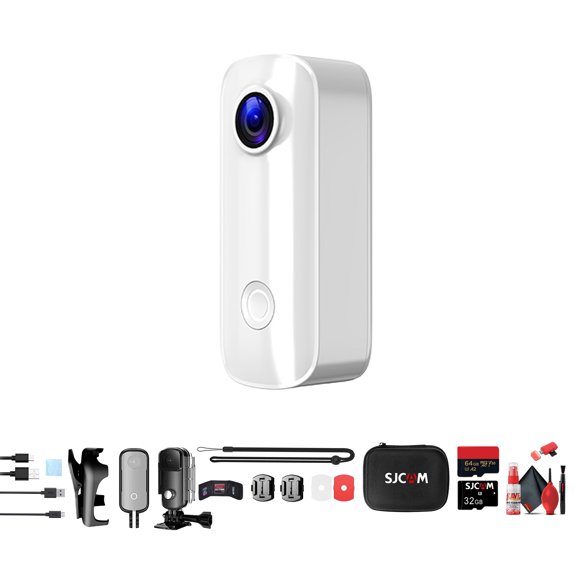 SJCAM C100 Plus Action Camera in White with 4K Video, EIS Stabilization, and Audio Recording, Bundle Including: 64GB Micro SD Card, Card Reader, Card Wallet, and Micro USB Cable