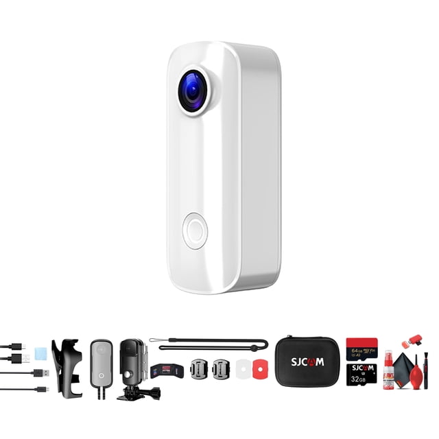 SJCAM C100 Plus Action Camera in White with 4K Video, EIS Stabilization, and Audio Recording, Bundle Including: 64GB Micro SD Card, Card Reader, Card Wallet, and Micro USB Cable