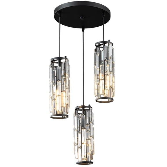LMQNINE K9 Crystal Pendant Light,Adjustable Ceiling Light for Kitchen Island,Bedroom,Dining Room,E26 Base Black,3 Lights 1-Pack