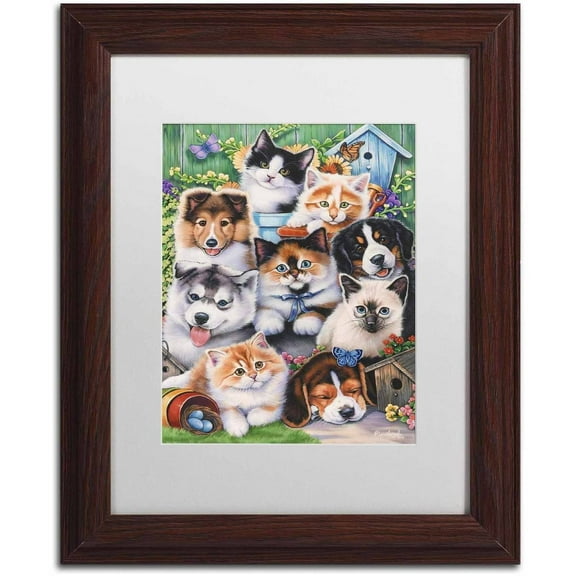 Trademark Fine Art 'Kittens & Puppies In The Garden' Canvas Art by Jenny Newland, White Matte, Wood Frame