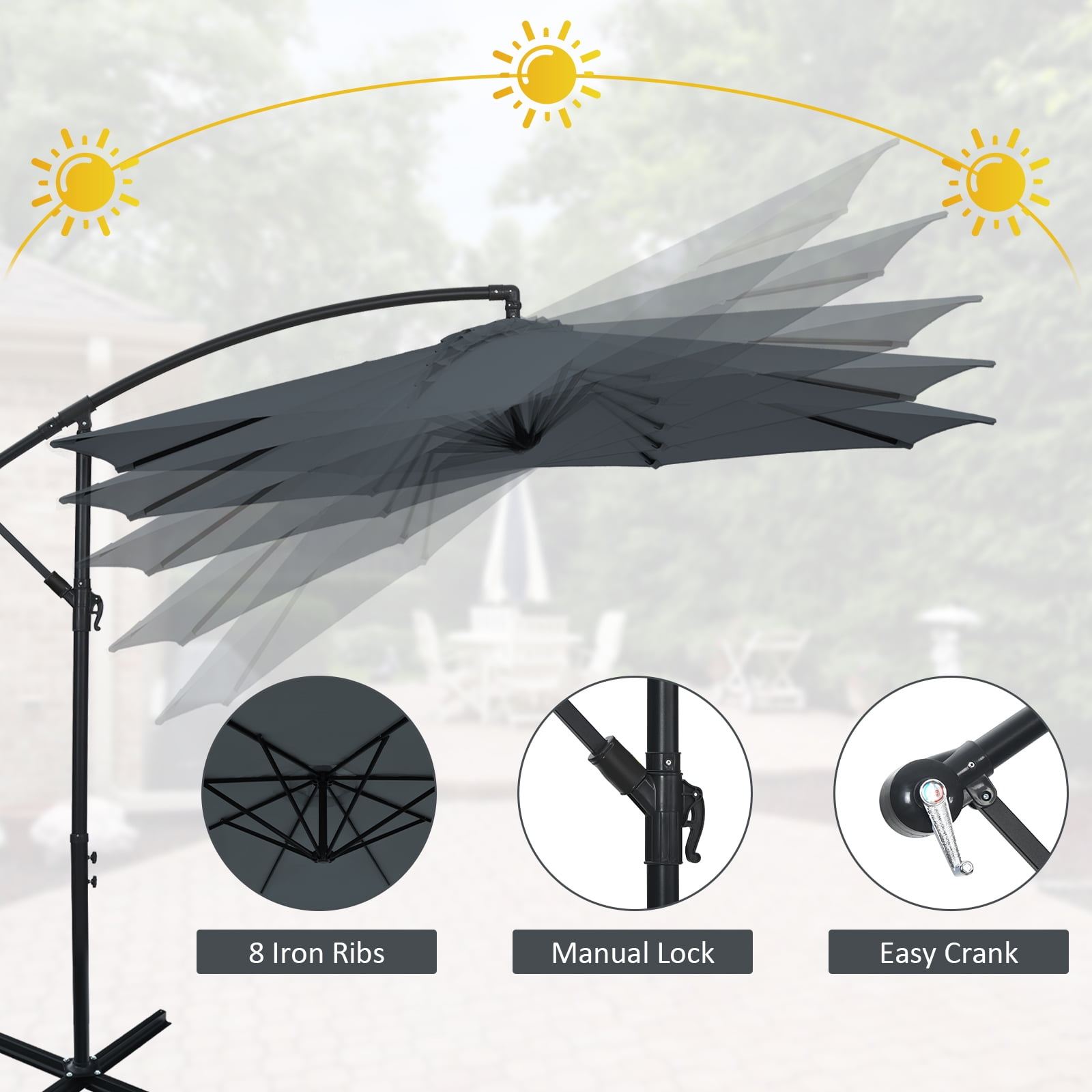 Patiojoy 10FT Patio Offset Umbrella 8 Ribs Cantilever Umbrella w/Crank for Poolside Yard Lawn Garden Gray