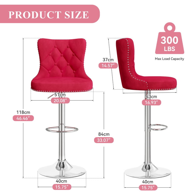 Hawsaiy Swivel Bar Stools Set of 2, Adjustable Velvet Tufted Counter Height Chairs with Nailhead Trim, Upholstered Barstools for Kitchen Island, Red