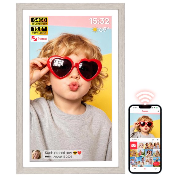 64GB 15.6" Frameo Digital Picture Frame NUSICAN WiFi Electronic Photo Frames 1920 x 1080 HD IPS Touch Screen, Auto Rotate, Wall Mounted, Share from Phone App Remotely, Best Gifts for 2026