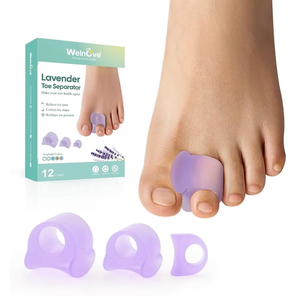 Welnove Toe Separators for Overlapping Toes, 12 Pack Gel Toe Spacers for Bunions, Hammer Toes, Crooked Toes (Multi-Size)