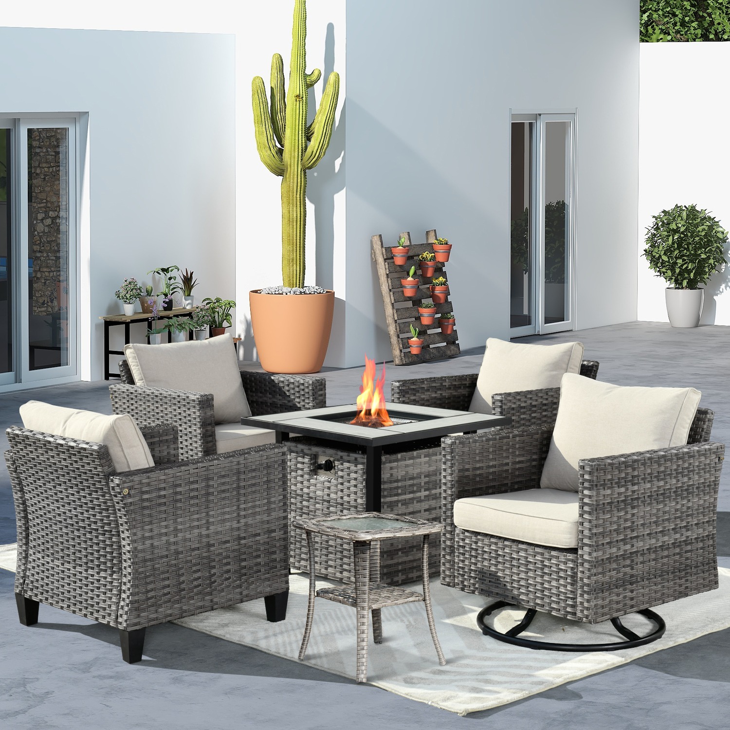 Ovios Patio Outdoor Furniture Set with Fire Pit Table 6 Pieces Outside Wicker Conversation with 360 Degrees Swivel Rocking Chair & Coffee Side Table, Metal, Wicker - image 2 of 9