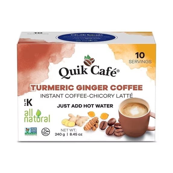 QuikCafé Instant Turmeric Ginger Coffee – 10 Count, Bold Turmeric Ginger Flavor coupled with a unique Coffee-Chicory blend, No preservatives, Just Add Hot Water, Kosher, gluten free