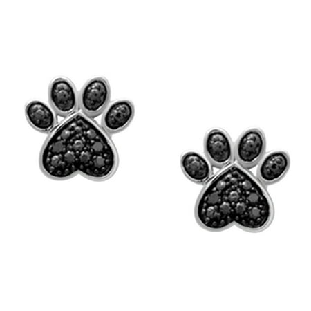 Black Natural Diamond Accent Paw Print Stud Earrings In 14k White Gold Over Sterling Silver