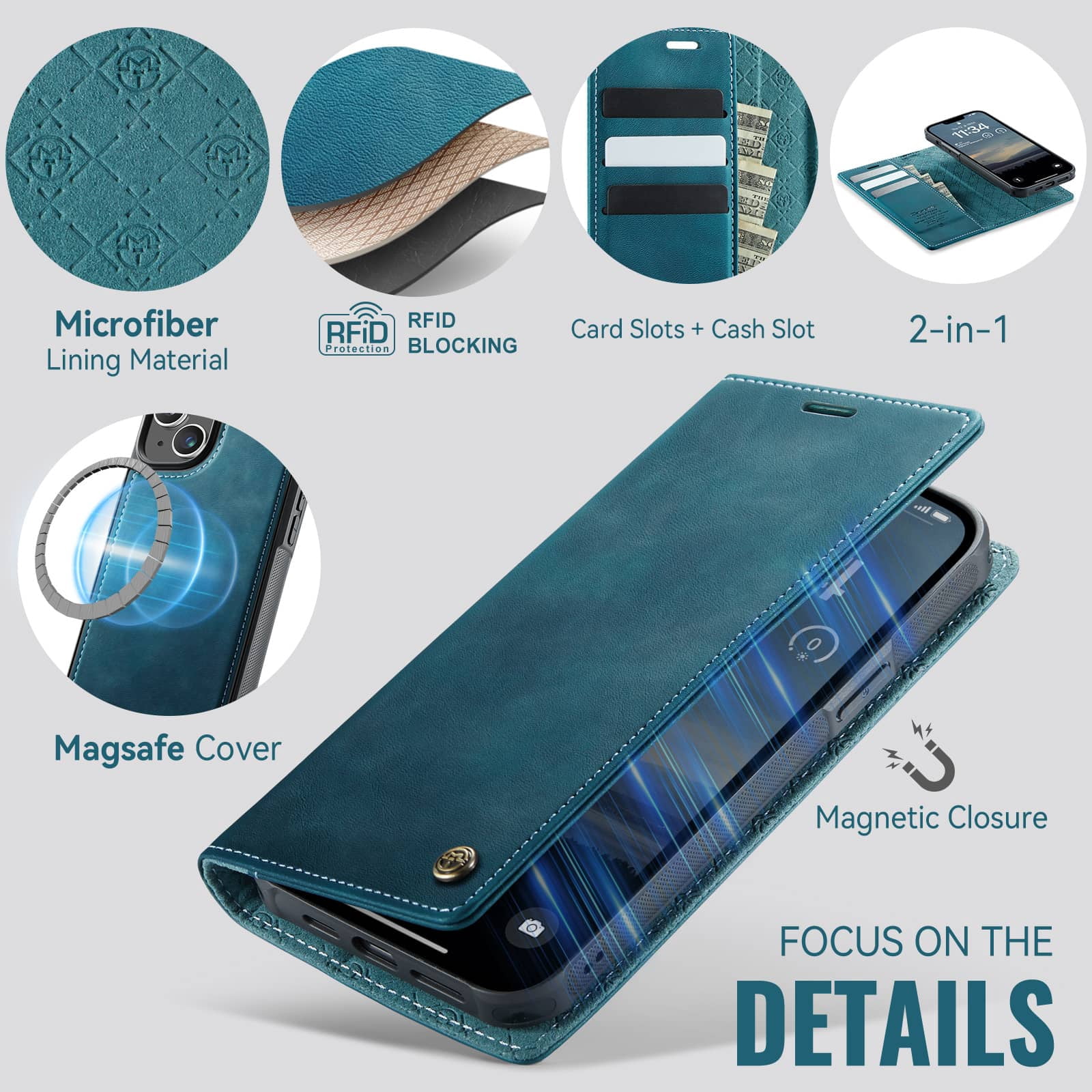 Magnetic 2 in 1 Magsafe Detachable Wallet Case for iPhone 14 with Card Holder Women Men, Retro PU Leather【RFID Blocking】Kickstand Shockproof Cover