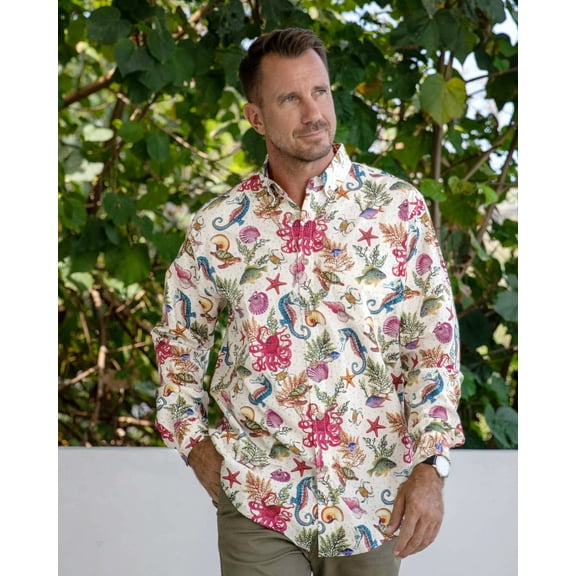 YIUME Men's Hawaiian Shirt Marine Life Seahorse Octopus Print Cotton Button-down Long Sleeve Aloha Shirt