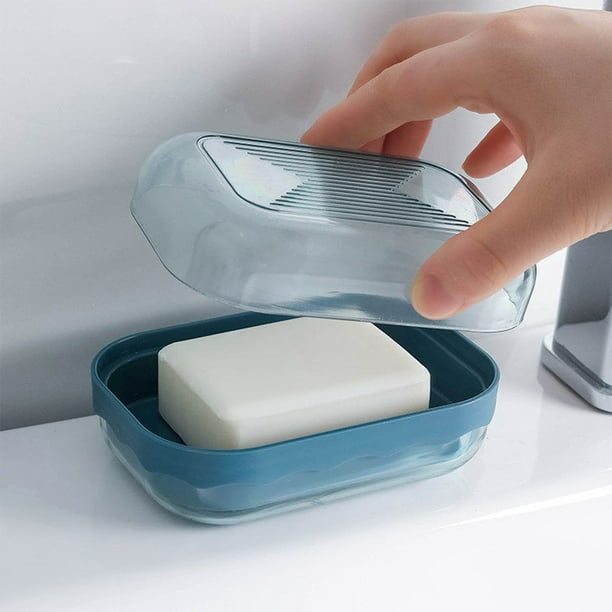 Jabonera de plástico con tapa y bandeja de drenaje | Jabonera de encimera para baño y viajes | Jabonera resistente al agua en azul oscuro, rosa o beige