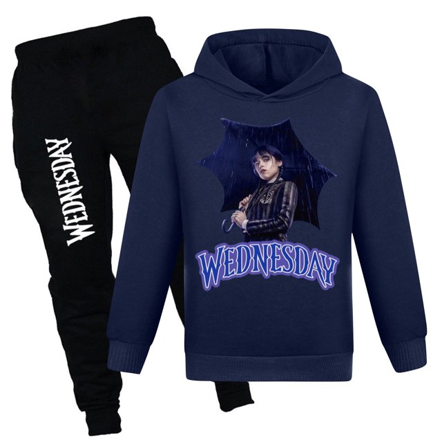 Moonsky Girl/boy Fashion Casual Long Sleeve Wednesday Printed Hooded Sweatshirt Pants Set Hoodies New Logo Fashion Cool Hoodie Men Women Sweatshirts(100#Navy)
