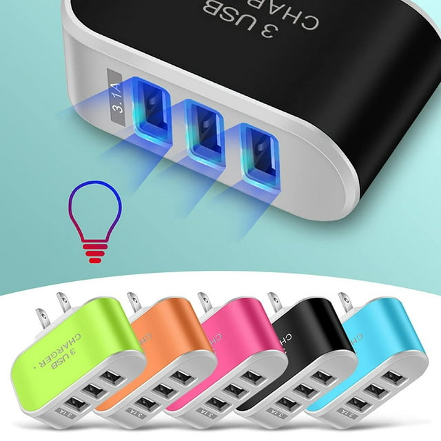 US Plug Charger USB 3 Ports LED Plastic 110V 1000mA Tablet Charging Adapter with Indicator Travel Circuit Protection Power Block Blue