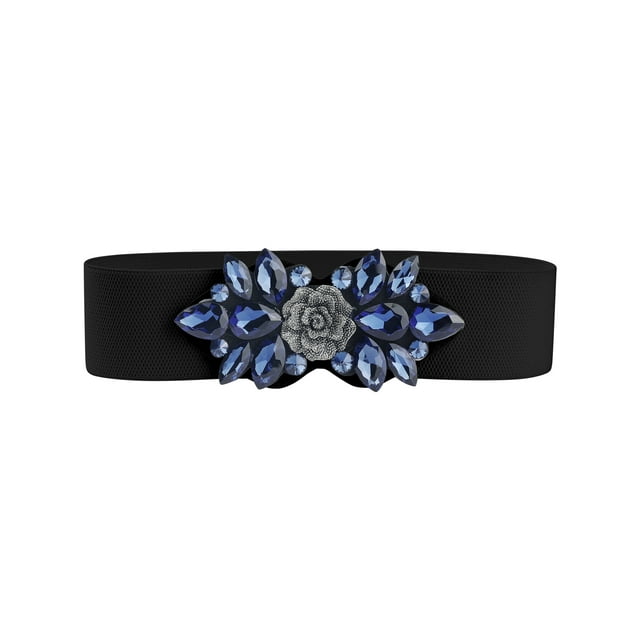Cinturones elásticos para mujeres, banda de cintura vintage elegante con flor de rosa de strass para vestido abrigo 80x6cm/31.5x2.4" banda negra-azul