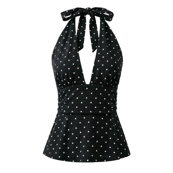 Babaley Women's Halter Top Y2K Style Polka Dot Print Backless Ruched Vest Slim Fit Waist Sleeveless Stylish Camisole