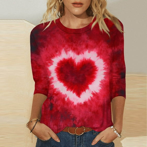 Xcmzpl Valentine's Day Shirts for Women Slim Fit 3/4 Sleeve Tunic Tops Fashion Cute Love Heart Print Crew Neck T-Shirts Valentines Tees Pink S-2XL