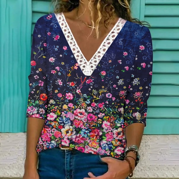 Pntutb - Blusa de manga larga con encaje estampado a la moda para mujer, tops casuales con cuello en V Pntutb Pntutb-6781