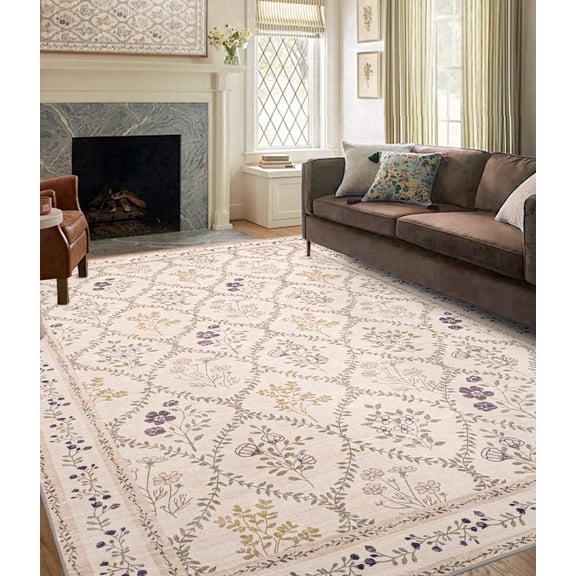 ChakmeOne Washable Rug for Bedroom Floral Rug,5x7 Area Rug, Non-Slip Low Pile Thin Indoor Area Rug for Dining Room, Nursery, Office, and Living Room