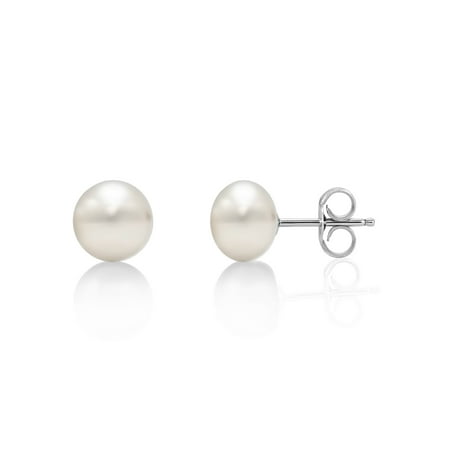 Pearlyta White Button Freshwater Cultured Pearl Earrings on Sterling Silver - AAA Quality (5-6mm) - Fine Jewelry Gift for Women/Teens