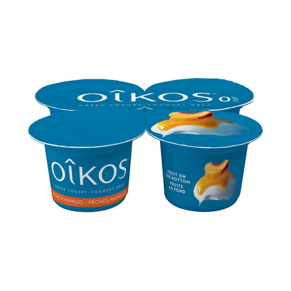 Oikos Fat Free Greek Yogurt, Peach-Mango Flavour, Fruit on the Bottom, 0% M.F., 4 x 100g Greek Yogurt Cups
