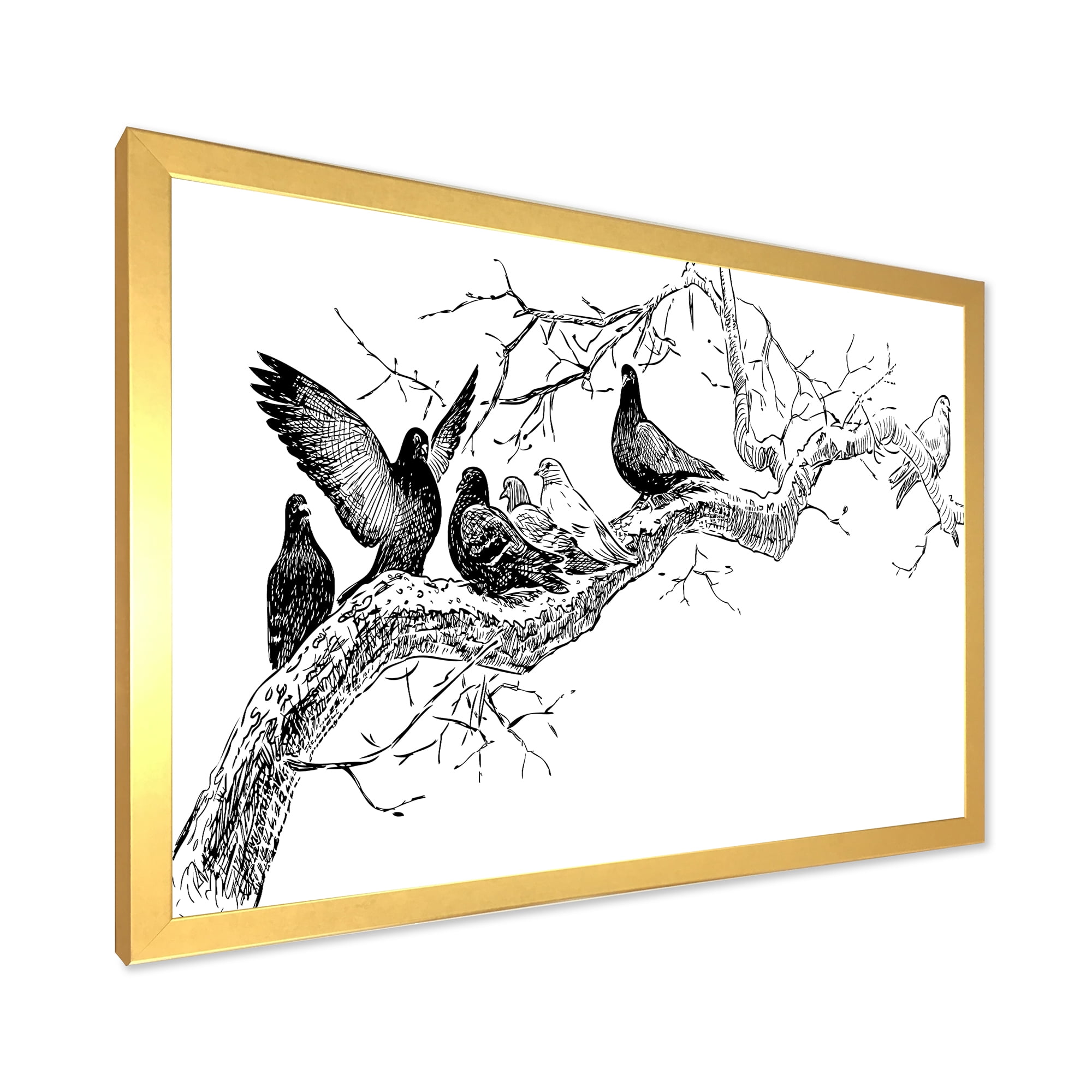 Designart 'Pigeons Sitting On The Tree Branch' Traditional Framed Art Print
