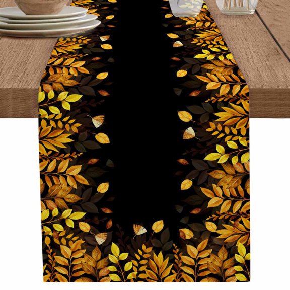 nqOlkjepod Yellow Leaf Table Runner 36 Inches Long Farmhouse Dress Scarves, Fall Plant Country Vintage Watercolor Black Dining Tablerunner for Coffee Table/Kitchen Island/Party Décor, Small 13"x36"