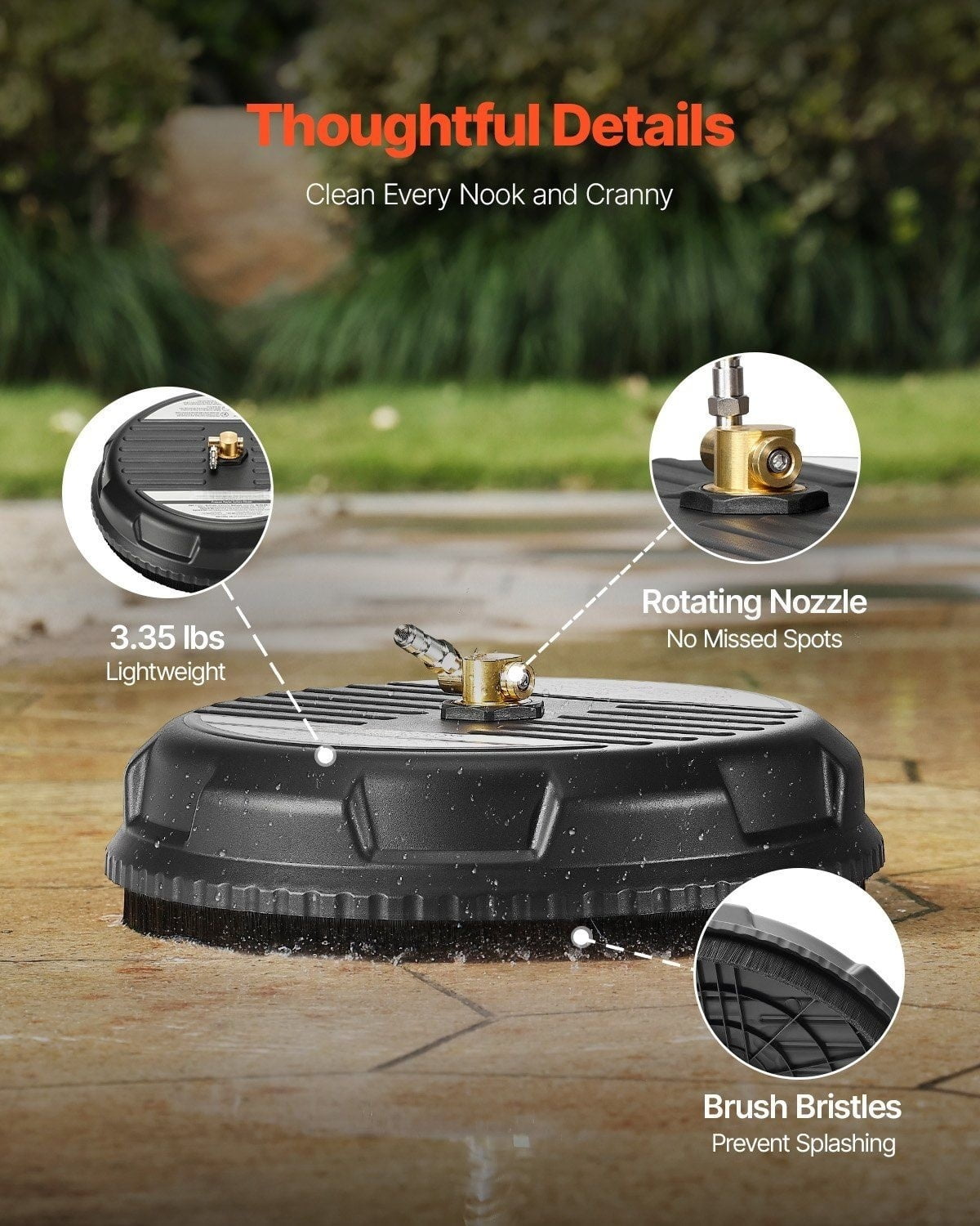 15" Pressure Washer Surface Cleaner - 3000 PSI - 4 Wheel Roller - Plastic - Black - Fast Driveway Patio Cleaning Tool