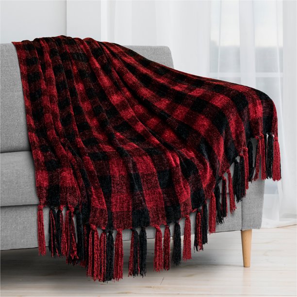 PAVILIA Chenille Tassel Fringe Throw Blanket Velvety Texture Buffalo