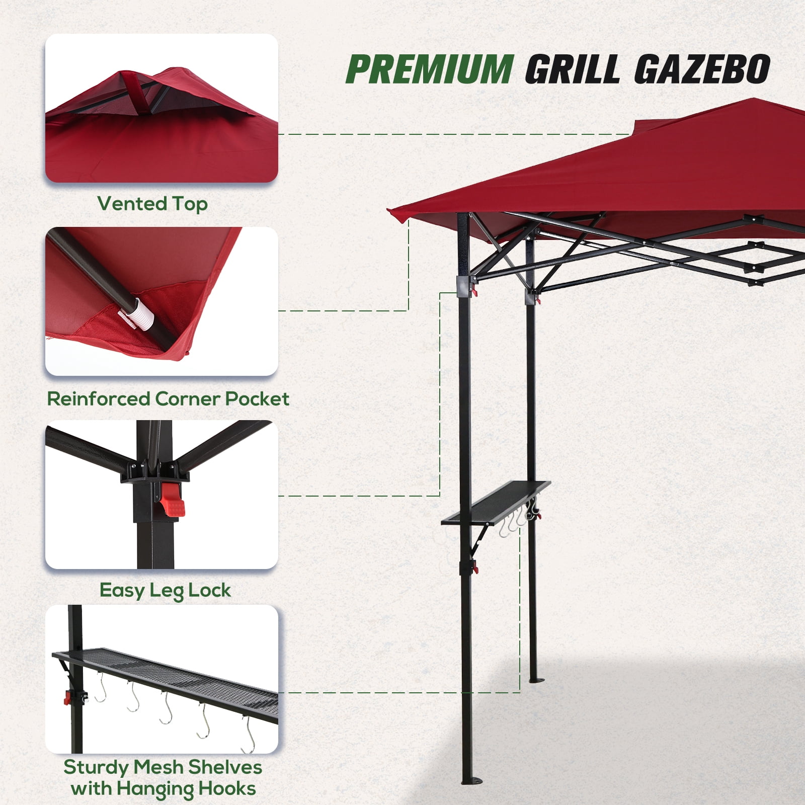 COOS BAY 8'x5' Pop up Grill Gazebo Portable BBQ Gazebo Canopy Tent with Carry Bag, Outdoor Barbeque Shelter, Red
