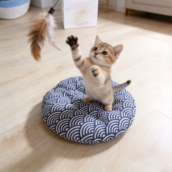 Reversible Cat Sleeping Pad, Comfortable Round Pet Mat with Soft Resilient Filling, Breathable All-Season Cushion for Cat Bed Basket Crate Kennel, Double-Sided Design Solid & Pattern, 13.8in, Blue