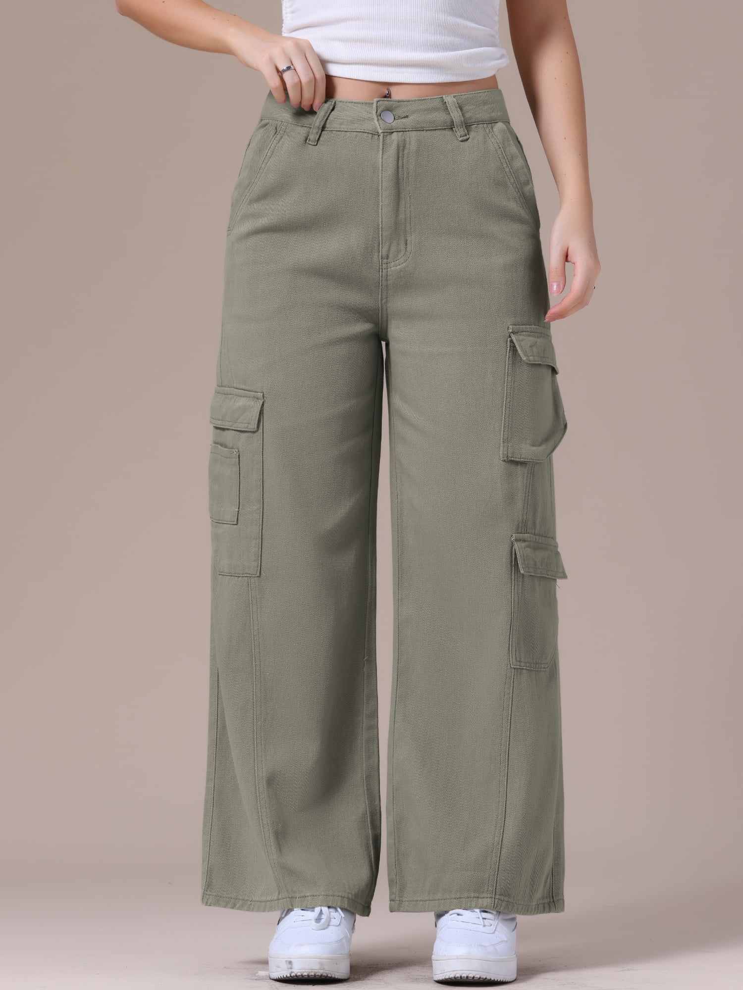 DARING DIVA Women's Baggy Jeans Multi-Pocket Cargo Denim Pants M Green