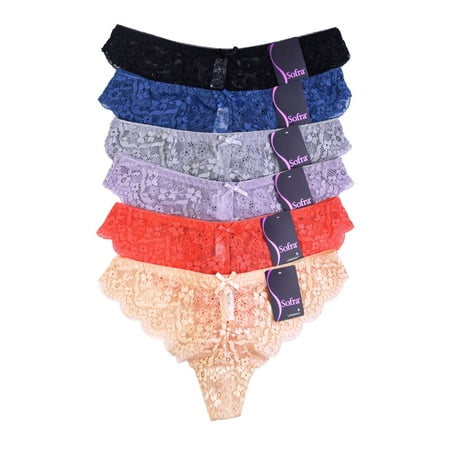 - 6 Pack of Women Sexy Floral Lace Thong Panties Sheer Underwear