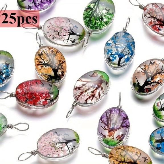 25Pcs Eternal Flower Necklace Pendants - 0.33“*0.51*”1.06“ Handmade Tree of Life & Butterflies Glass Oval Pendants for Jewelry Making Supplies, Costume Jewelry & Home Decor