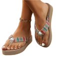thumbnail image 4 of UDAUDU Women's Bohemian Woven Wedge Flip Flops with Pearl Accent Comfortable Walking Shoes Slip-On Casual Summer Vacation Shoes Pink 7 Wide, 4 of 6