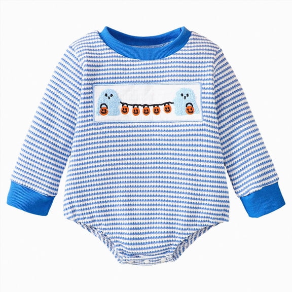 Sopiago Newborn Baby Boy Clothes Boys Fall Outfit Striped Long Sleeve Pumpkin/Ghost Embroidery Onesie Romper Infant Winter Bodysuit(Blue,12-18 Months)