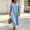 thumbnail image 7 of Vivianyo HD Women's V-Neck Fringe Trim Maxi Dress, Short Ruffle Fringe Sleeve Solid Linen Blend Loose Casual Summer Dresses for Women Vacation, Women's Light Blue, Sizes S-2XL, 7 of 7