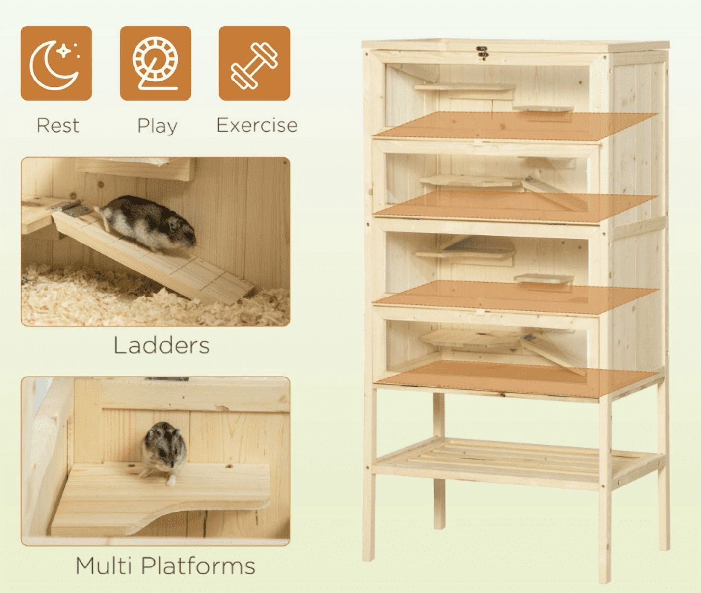 Hamster Cage 5-Tier Wooden Habitat, Mice & Rat Cage with Open Top & Storage