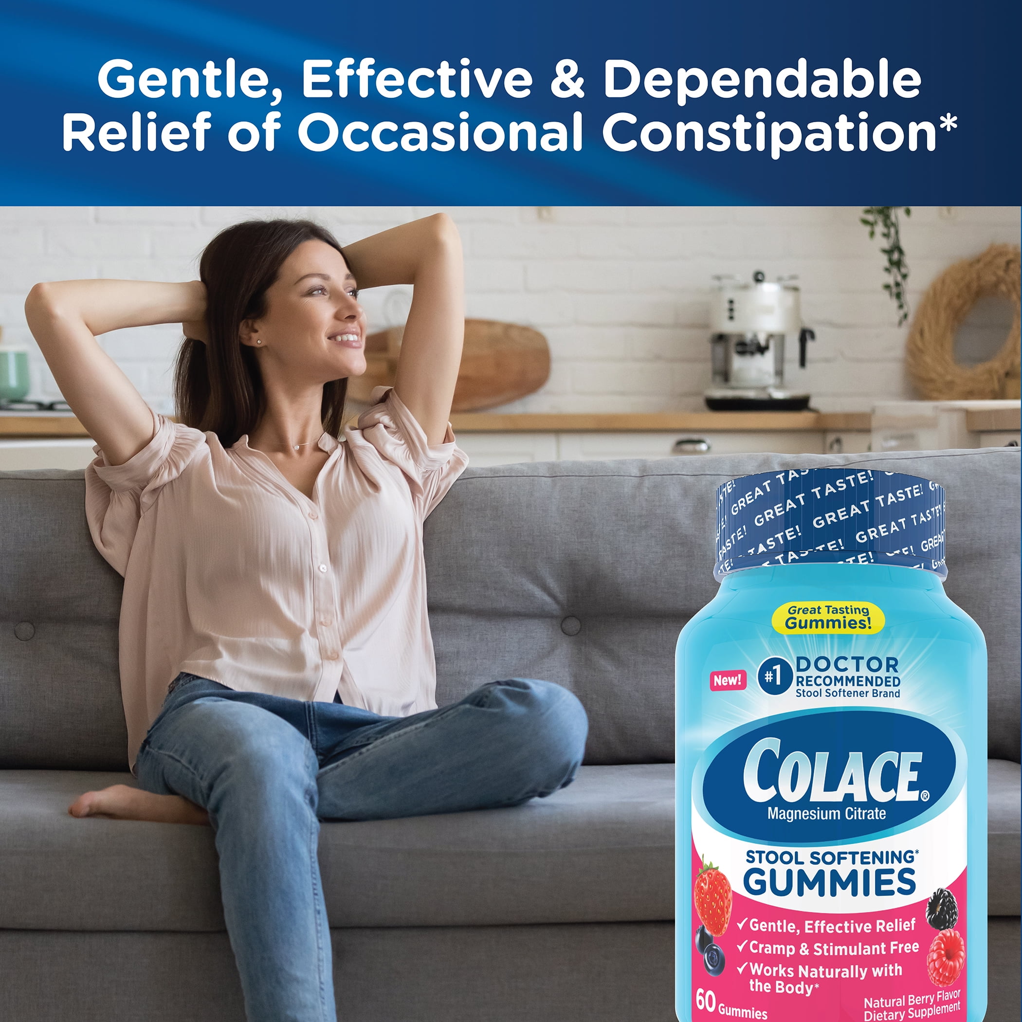 Colace Stool Softener Gummies, Gentle Constipation Relief, Mixed Berry Flavor, 60 Count