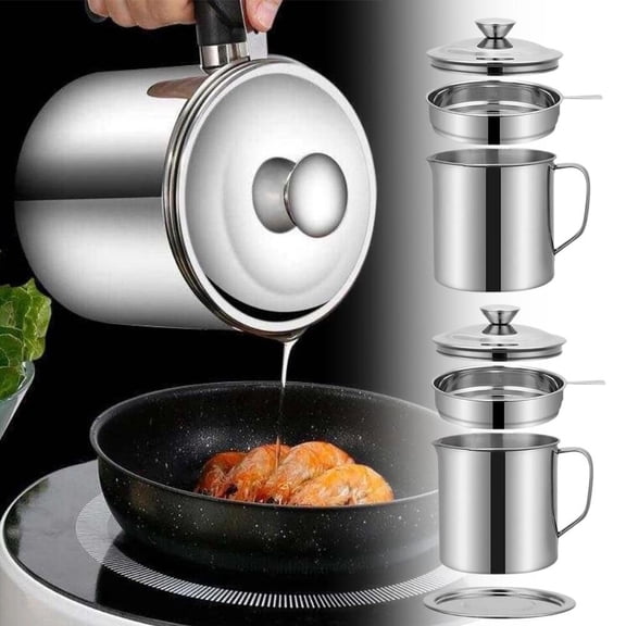 NOVELAR Grease Storage Can with Removable Filter, 55 oz Stainless Steel Oil Strainer, Drip-Free Spout and Ergonomic Handle for Safe Hot Oil Pouring