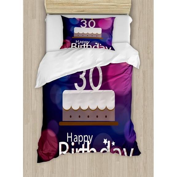 30th Birthday Duvet Cover Set, Graphic Cake with Candles on the Abstract Bokeh Background, Decorative 2 Piece Bedding Set with 1 Pillow Shams, Twin Size, Pink Navy Blue White, by Ambesonne
