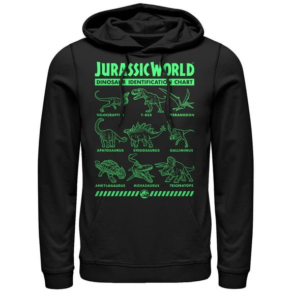 Men's Jurassic World: Fallen Kingdom Dinosaur Identification Card  Pull Over Hoodie Black X Large