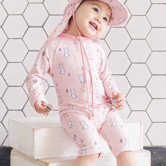 Zwiiyzr Todder Baby Boys Girls Swimwear Kids Cute Cartoon Long Sleeve One Piece Sun Protection Rash Guard Zipper Swimsuit 1-5 Years Pink