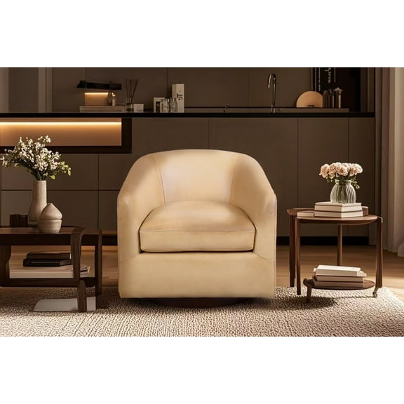 Sorella Genuine Leather Swivel Chair – Modern Barrel Accent Chair with Wooden Base & Plush Cushioning