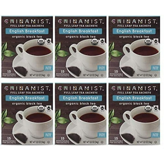 China Mist - English Breakfast Organic Black Full Leaf Tea Sachet, 15 count box - Biodegradable and Individually Wrapped (6 Pack)
