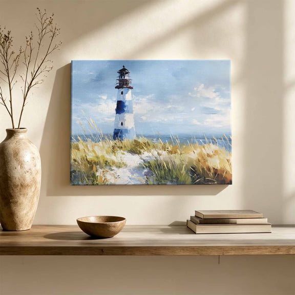 Summer Ocean Lighthouse Canvas Wall Art, Nautical Sea Green Grassland Oil Painting Style Wall Art Prints Artwork Framed Canvas Ready to Hang Art Pictures for Hallway Living Room Bedroom 24"x16"