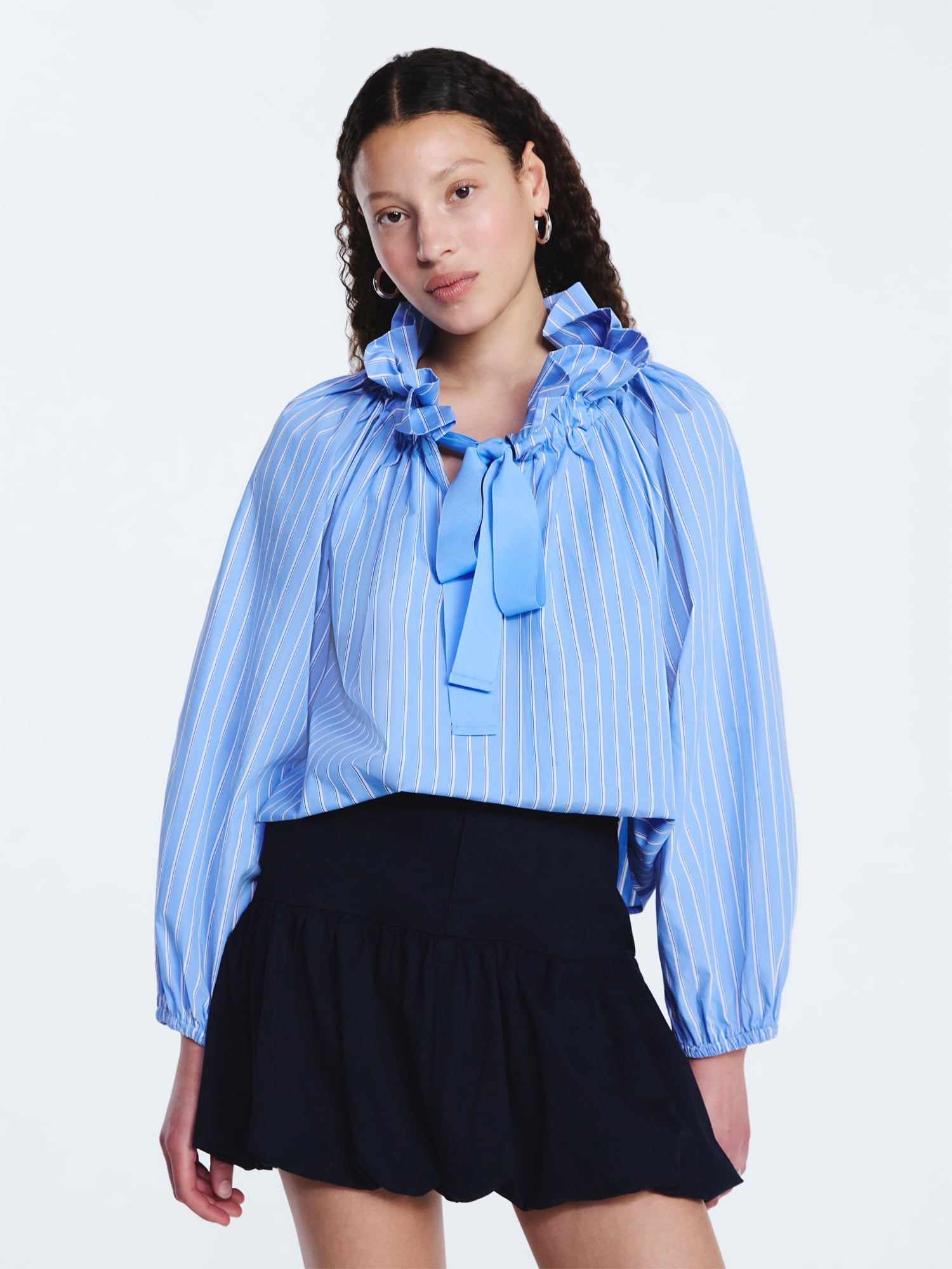 Free Assembly Women's Ruffle Tie Neck Cotton Top with Long Puff Sleeves, Sizes XS-XXL
