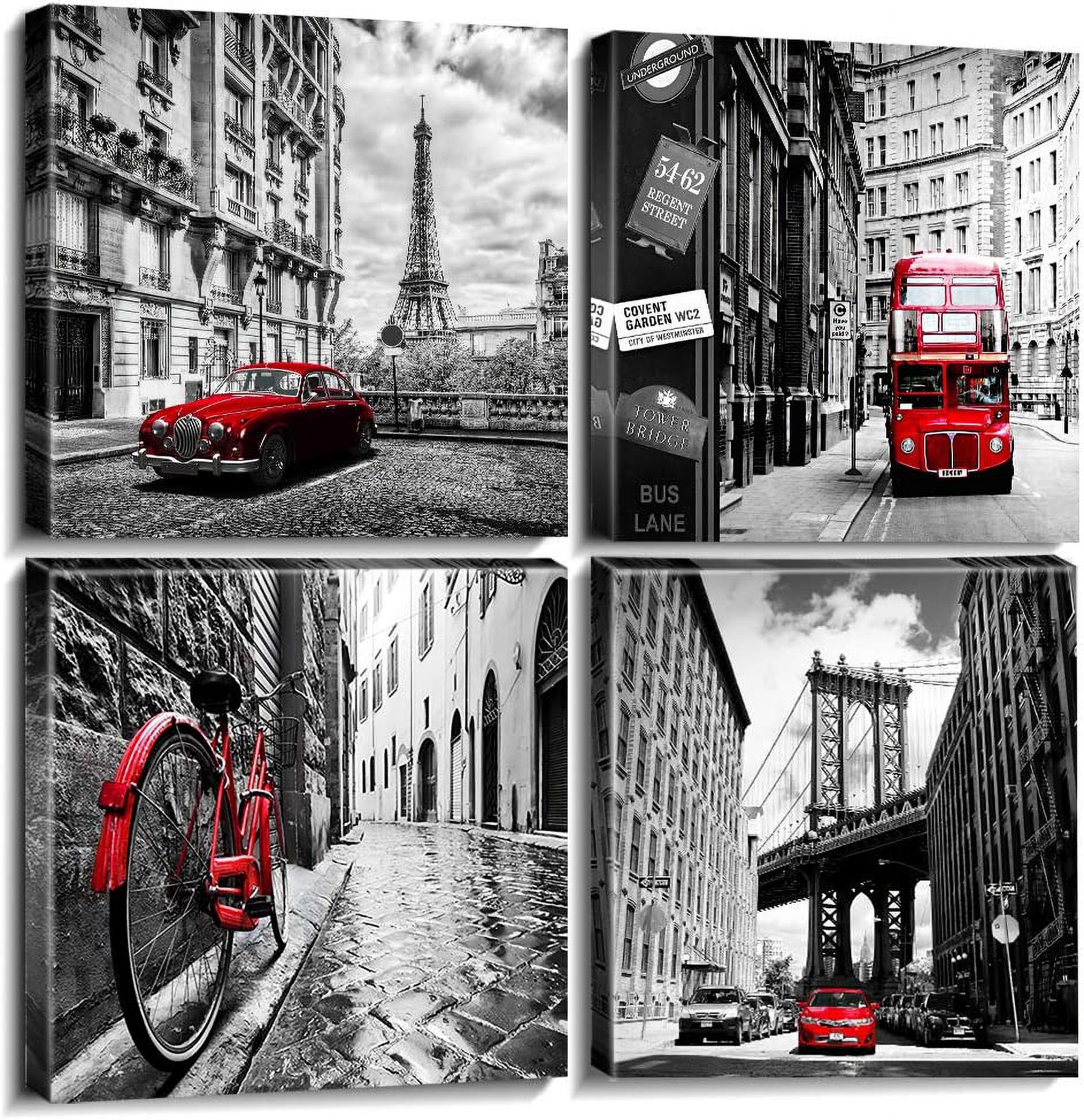 Black and White Wall Art Bedroom Red Wall Decor Paris Pictures for Living Room Bathroom London Eiffel Tower Landscape Canvas Painting New York City Wall Art for Office Home Decor 12×12" 4 Pcs