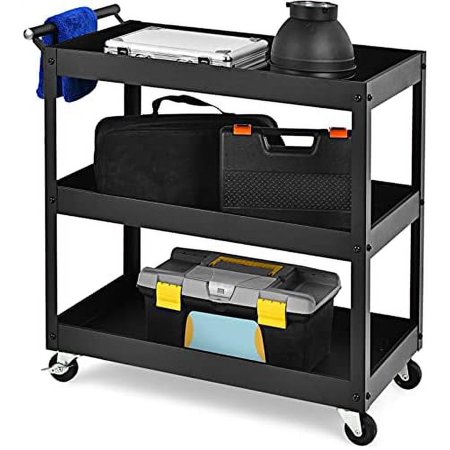 3-Tier Utility Cart, Heavy Duty Service Tool Cart W/Lockable Wheels, 330Lbs Load Capacity, Ergonomic Handle, Rolling Mechanic Tool Cart Storage Organizer For Warehouse Garage