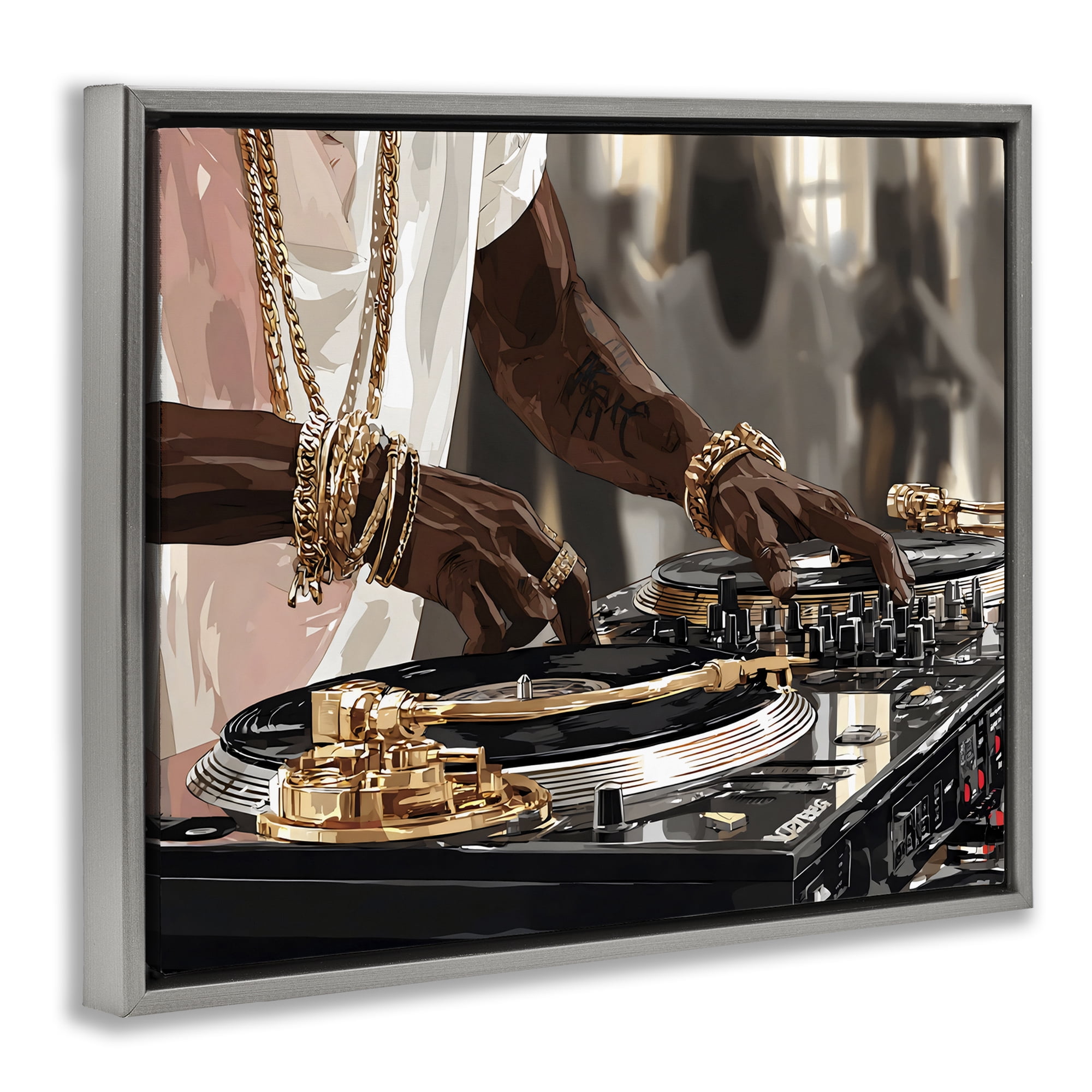 Stupell Industries Golden Sound DJ Turntables Gray Framed Floater Canvas Wall Art, design by Franklyn Gregory