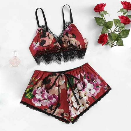 

Pajamas for Women Ladies Fashion Floral Print Erotic Lace Sexy Deep V Satin Sexy Camisole Top Short Pajama Suit Red L