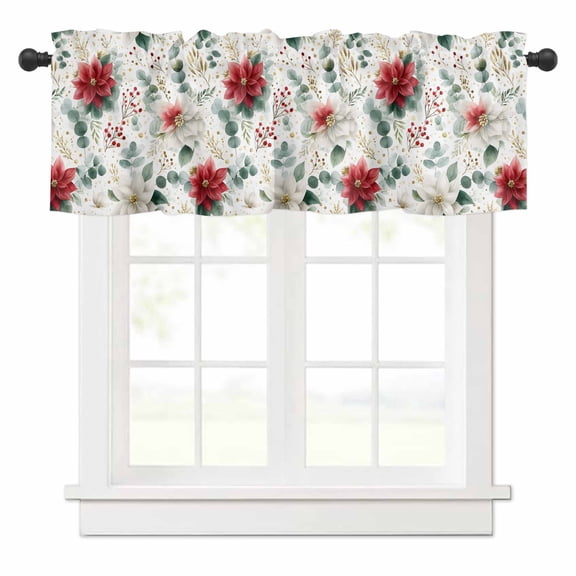 Christmas Flowers Valances for Windows Red White Poinsettia Green Leaves Winter Rod Pocket Curtain Valance Window Treatment Short Curtains for Kitchen Living Room, 60"x14"